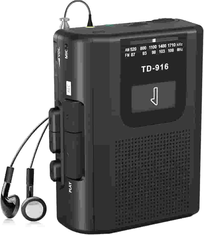 FIOLEES Gravador de cassete portátil, rádio AM FM vintage, Walkman portátil com alto-falante grande, conector de fone de ouvido estéreo, suporta gravação de microfone, alimentado por bateria DC ou AA