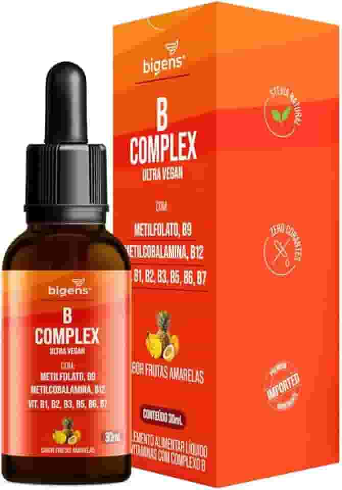B Complex Ultra Vegan, Vitaminas do Complexo B em Gotas Sublingual, Sabor Frutas Amarelas, 30ml, Bigens