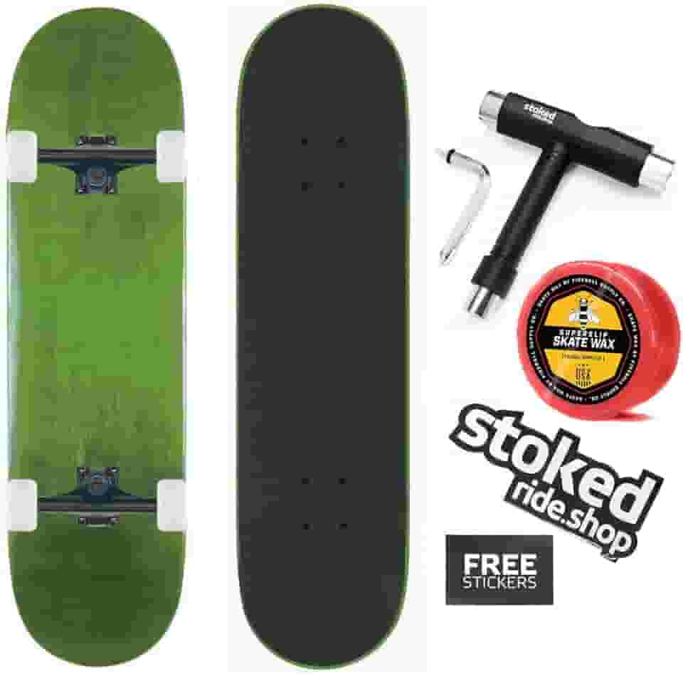 Stoked Ride Shop Skate completo - Madeira de bordo feita nos EUA - Prancha de skate para adultos, crianças, meninas e meninos - totalmente montada com cera, ferramenta de skate e adesivos