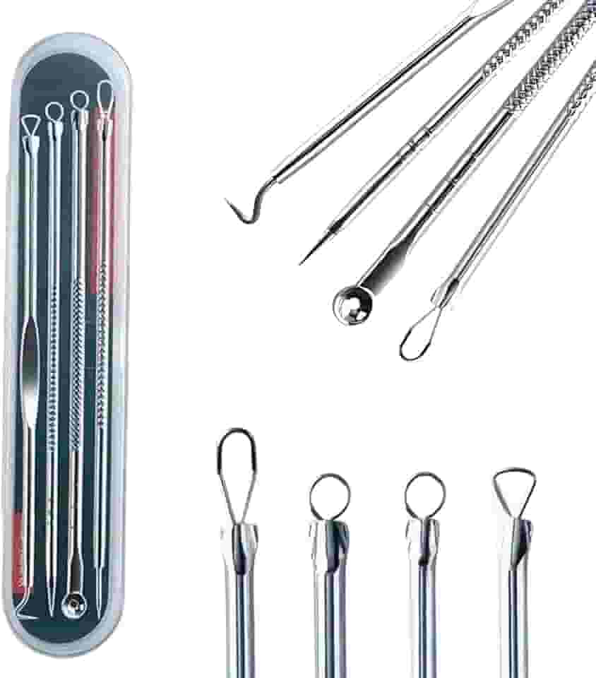 Removedor Extrator de Cravos e Espinhas Kit com 4 Peças com Estojo Aço Inox Profissional Ideal para Higiene da Pele skin care Higienico Cureta Linha Premium