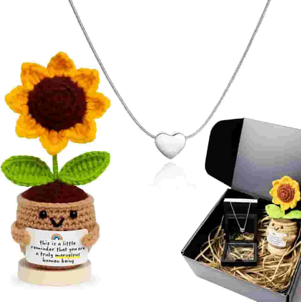 Kit Presente Feminino Colar Prata em Aço Inox Pingente de Coração + Porta Joias em Caixa Luxo Elegante + Girassol em Crochê Crochet Pronto Presentear Delicado Aniversário Dia das Mães Natal Namorados