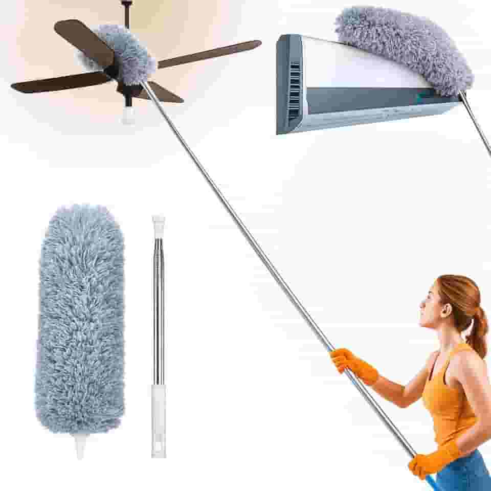 Espanador Extensível 2,5m Premium com Haste Inox Flexível – Microfibra Lavável Antipoeira Eletromagnetico para Limpeza de Teto, Casa, Escritório, Ventilador e Locais Altos Premium