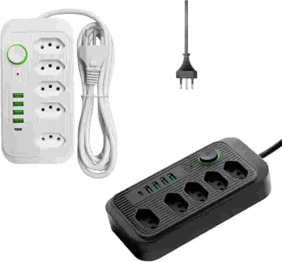 Filtro de Linha, Extensão Régua Tomada com 5 Tomadas, 4 USB e 1 USB-c, Cabo de 3 Metros, Bivolt - Branco