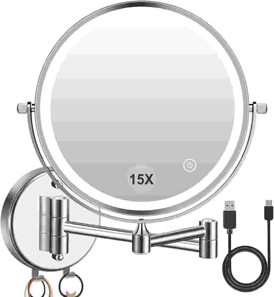Espelho de maquiagem LED montado na parede 1 ×/15 × ampliação – recarregável por USB, luz sensível ao toque de 3 cores, rotação de 360°, dupla face de 20 cm, bateria de 2000 mAh, ideal para