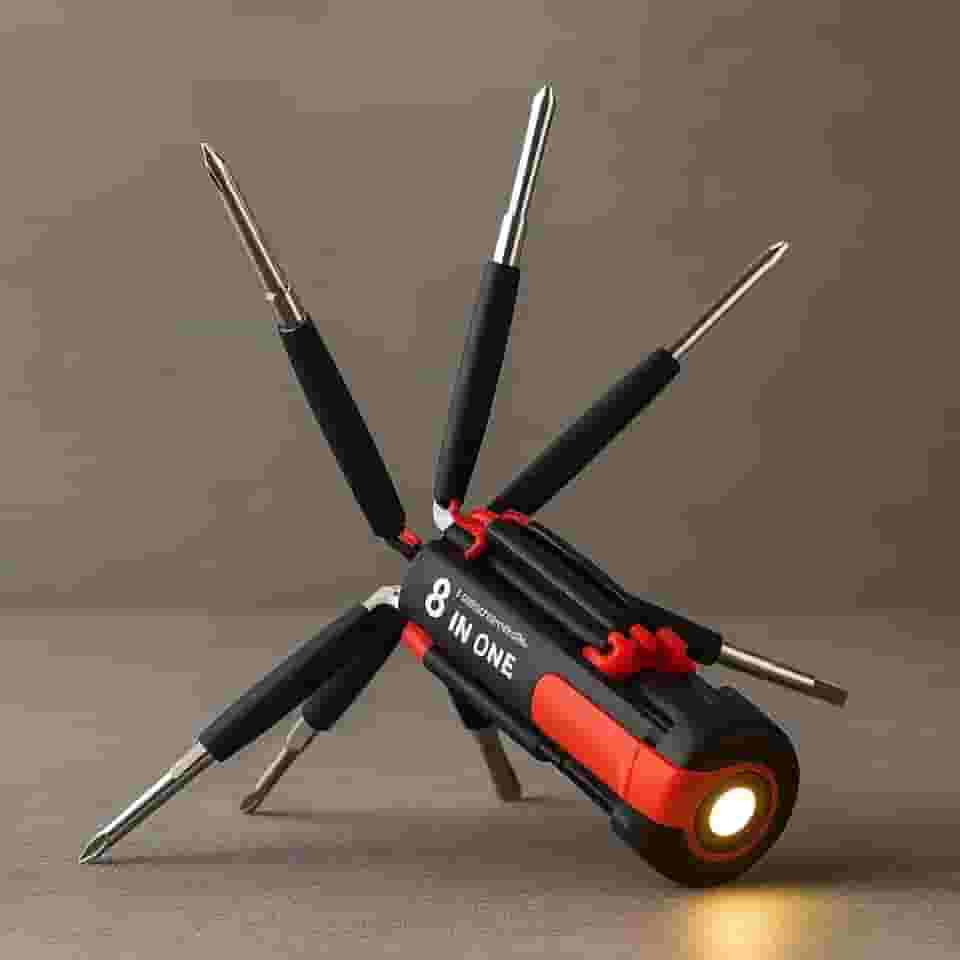 Kit Chave De Fenda E Phillips 8 Em 1 Com LED Integrado, Dobrável, Portátil, Compacto, Ideal Para Reparos Domésticos E Emergências, Marca VARENZIA