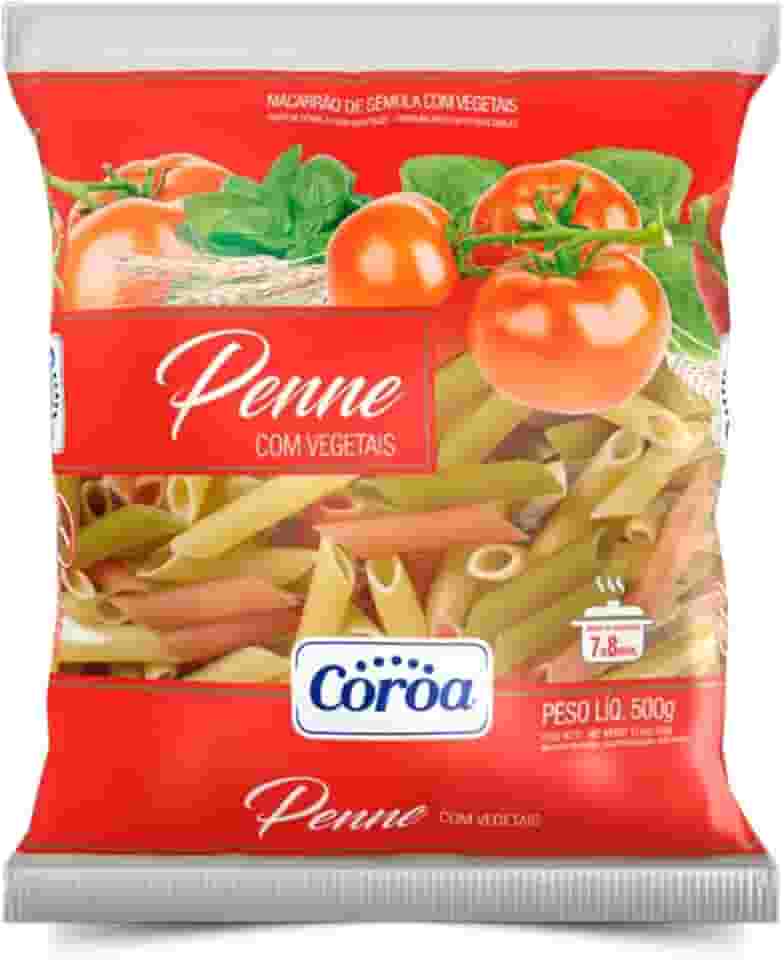 Macarrão Penne Com Vegetais Coroa 500G, Massa De Sêmola Com Vegetais Pasta Penne Tre Verdure, Vermelho, Ótima Nutrição Com Muito Sabor, Alimento Saboroso De Qualidade, Tradição Da Família Desde 1908
