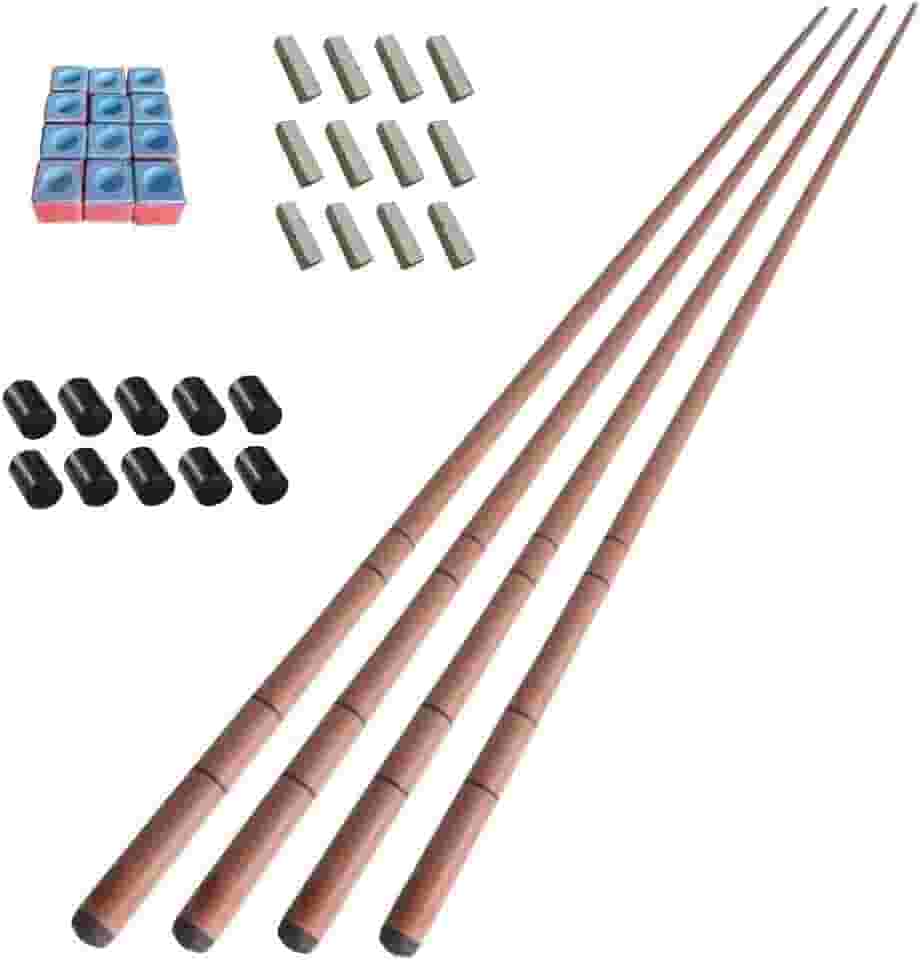 4 Tacos Bar Sinuca Snooker Ipê 1.45m Kit Giz 10 Virolas