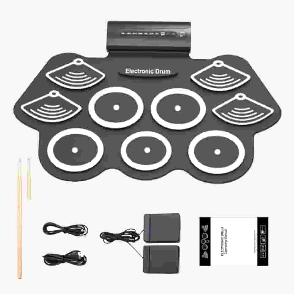 Bateria Eletrônica Portátil com 9 Pads e Pedal, Dobrável, 10 Demos e 7 Estilos de Ritmo