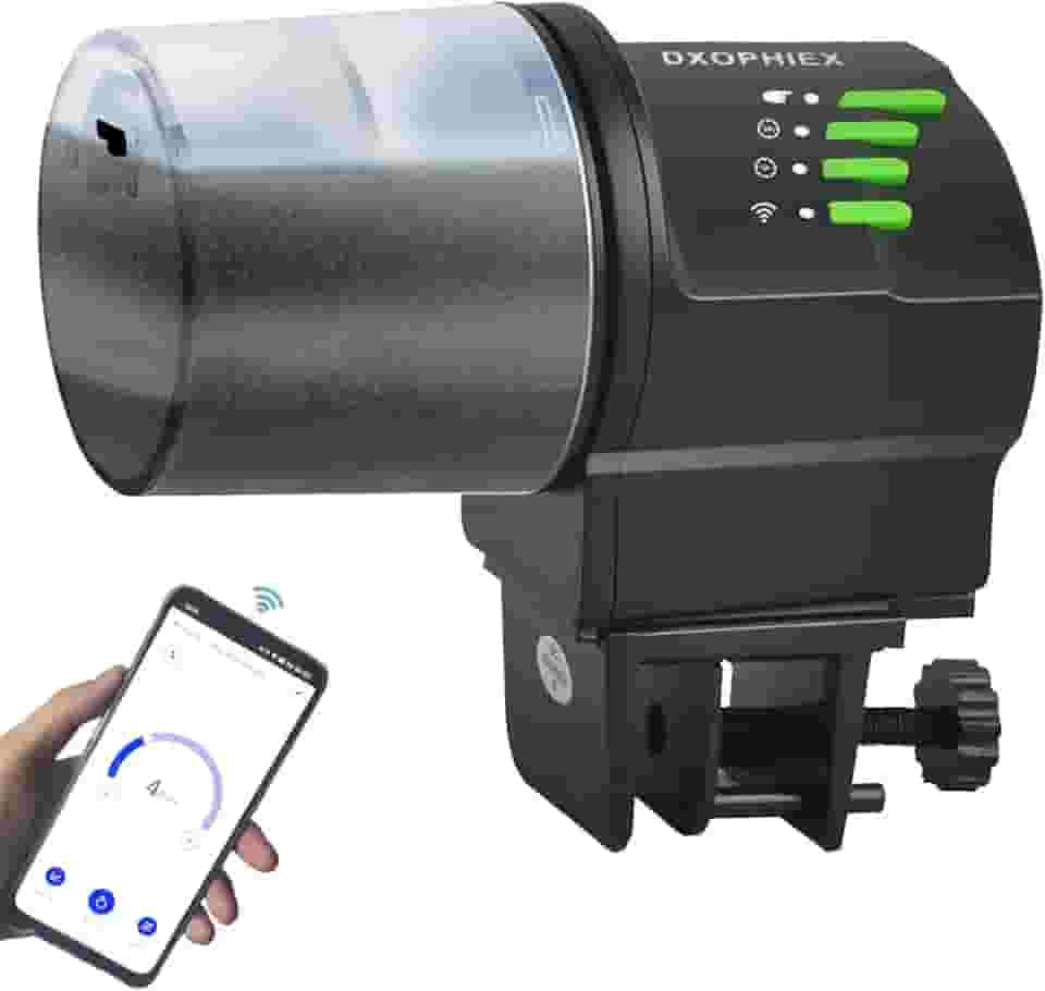 DXOPHIEX Alimentador automático de peixes WiFi, dispensador automático de férias para aquário e tanque de tartaruga com anel de alimentação