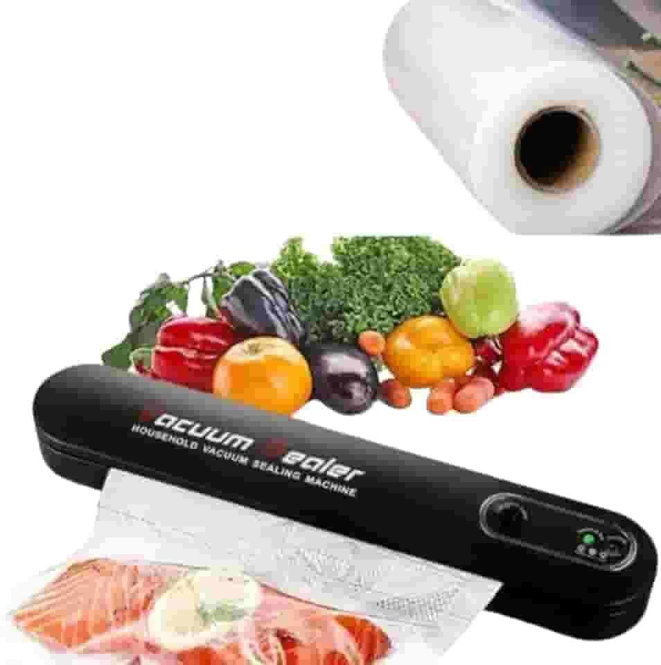 Seladora de Embalagem a Vácuo Doméstica Bivolt com Rolo Bobina de Saco Plástico 5m x 25cm – Máquina de Embalar e Conservar Carnes, Peixes, Frutas e Legumes Frescos por Mais Tempo - Ideal para Cozinha