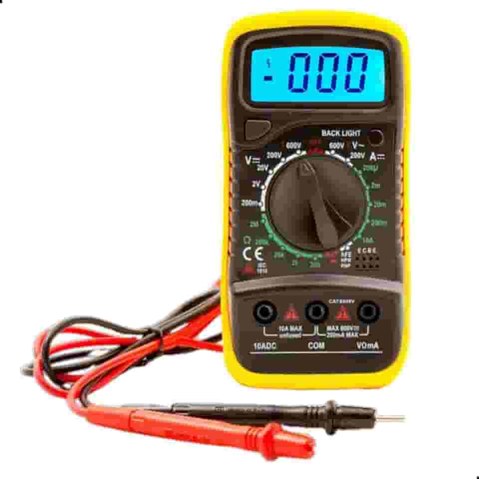 Multímetro Digital Profissional com Display Iluminado, Função HOLD, Mede AC/DC, hFE, Resistência e Continuidade – CAT II 1000V com Bateria Inclusa