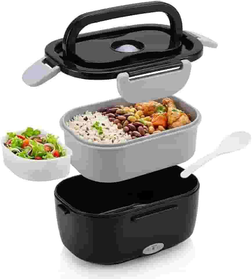 Marmita Elétrica Portátil Bivolt PREMIUM 110V/220V e 12V Carro - Aquecedor de Alimentos 1.5L com Divisória, Pote Extra e Colher - Preto