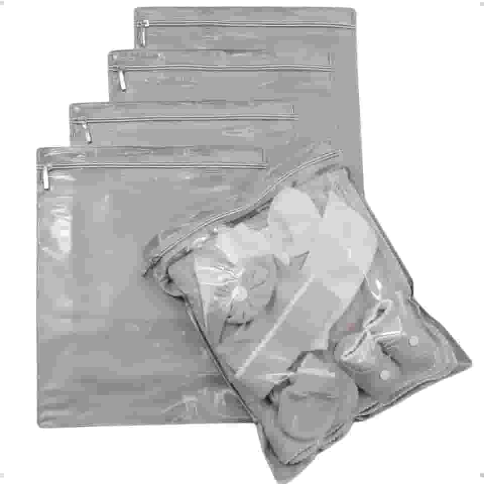 Kit 5 Sacos Organizadores para Mala de Viagem Impermeável Cinza - visor Transparente com Zíper 27,5 x 33,5 cm a prova d agua