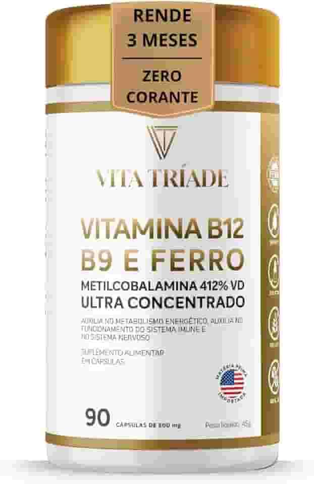 Vitamina b12 Metilcobalamina 412% 9,9mcg + Acido Fólico 150% + ferro 100% - 90 Cáps - Vita Tríade
