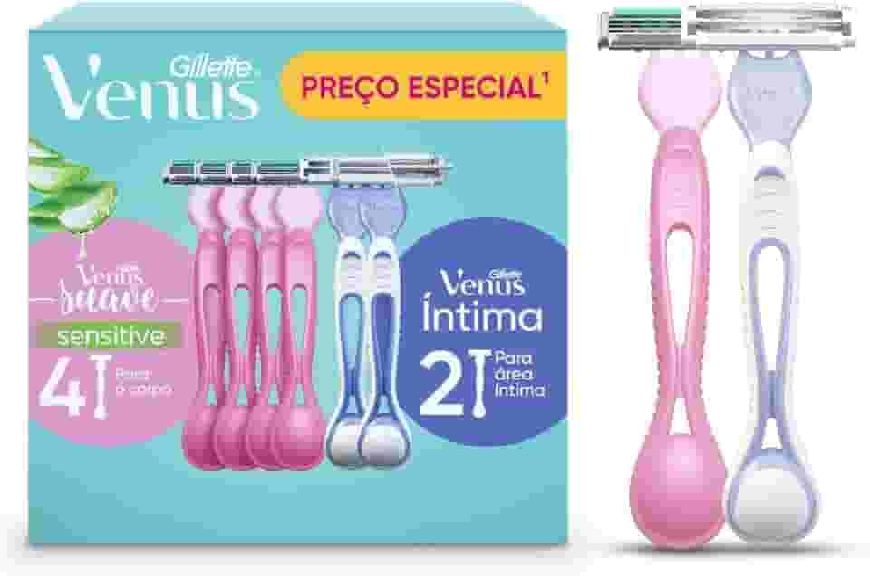 Kit Gillette Venus Aparelho de Depilação Descartável Suave Sensitive 4 Unidades + Aparelho de Depilação Íntima Feminino Descartável 2 Unidades