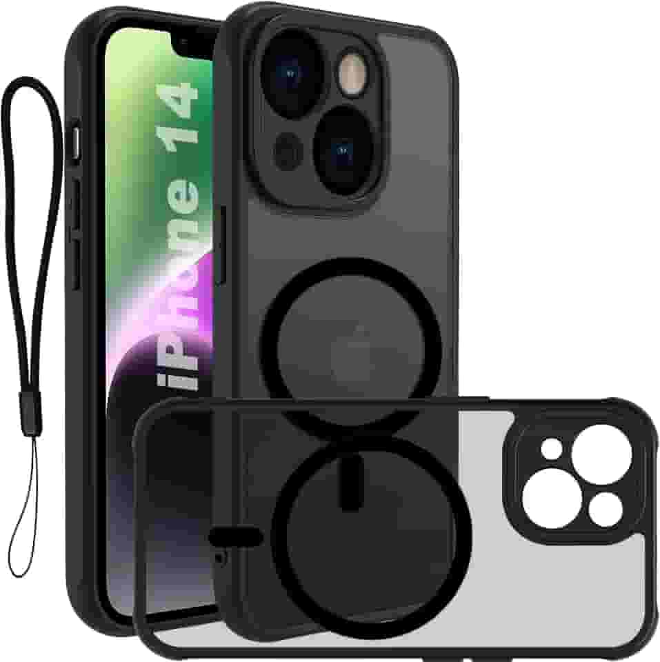 USTIYA Magnética Capa para iPhone 14 6,1 polegadas Case Matte Acrílico Uso Resistente Protetora de Câmera Capinha Acessórios para Celular com Cordão Preto FGCX