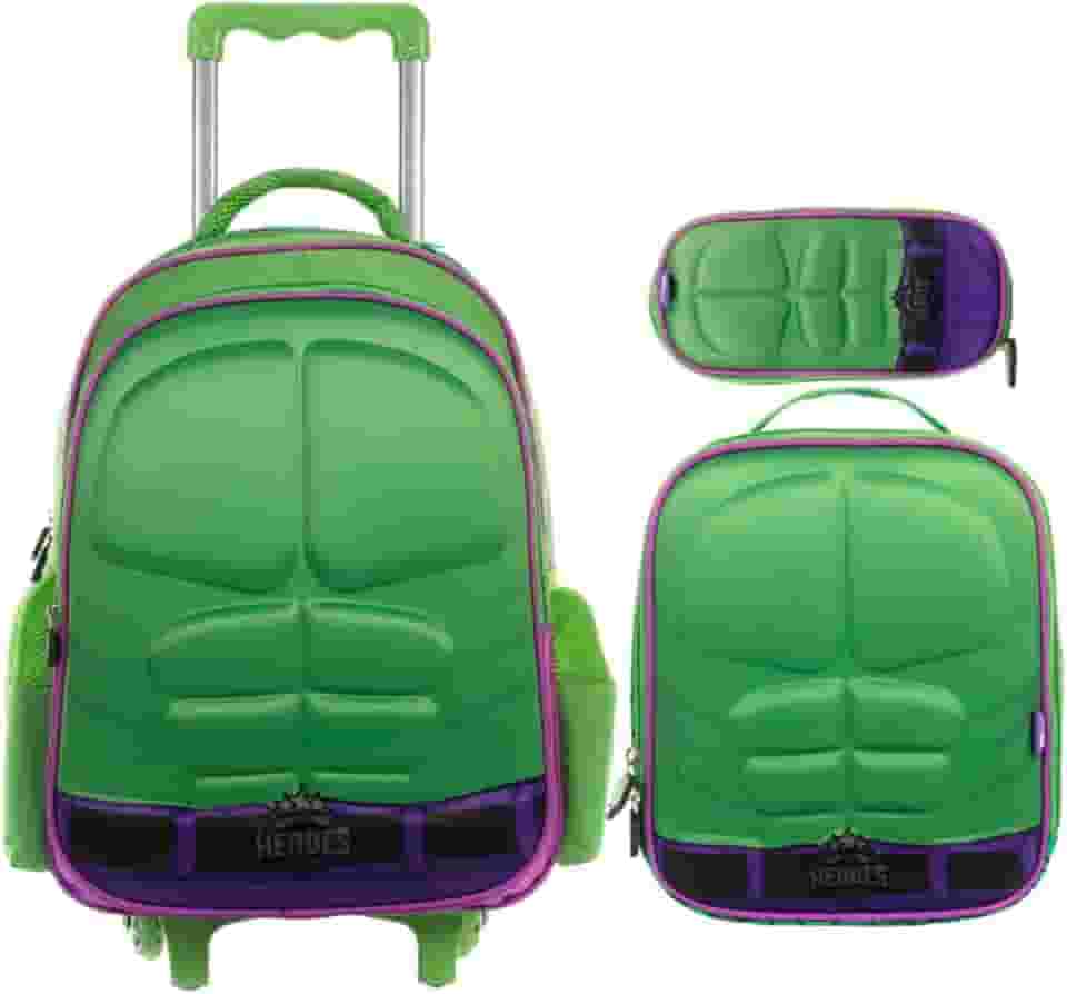Mochila Escolar com Rodinhas Lancheira Estojo Heróis Menino