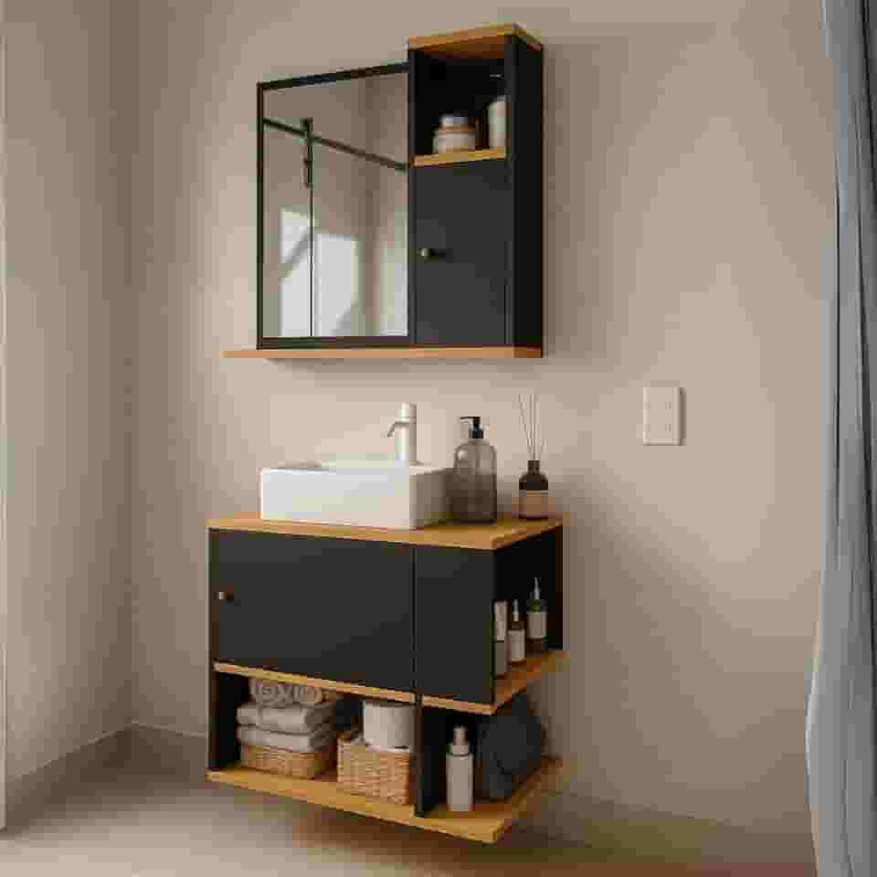 Conjunto Kit Gabinete Armário Balcão Aéreo Suspenso Lavabo Pia Banheiro Compacto 1 Porta Nicho Organizador com Espelheira Suspensa Parede Bancada Prateleira Espelho 1 Porta Deca Aqua (Preto/Freijó)