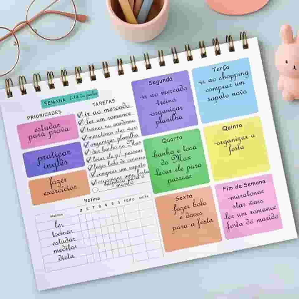 Planner Semanal Colorido 50 Folhas A5 - Agenda Organizador com Espiral, Lista de Tarefas, Hábitos e Prioridades - Bloco de Planejamento para Produtividade Pessoal, Trabalho e Estudos