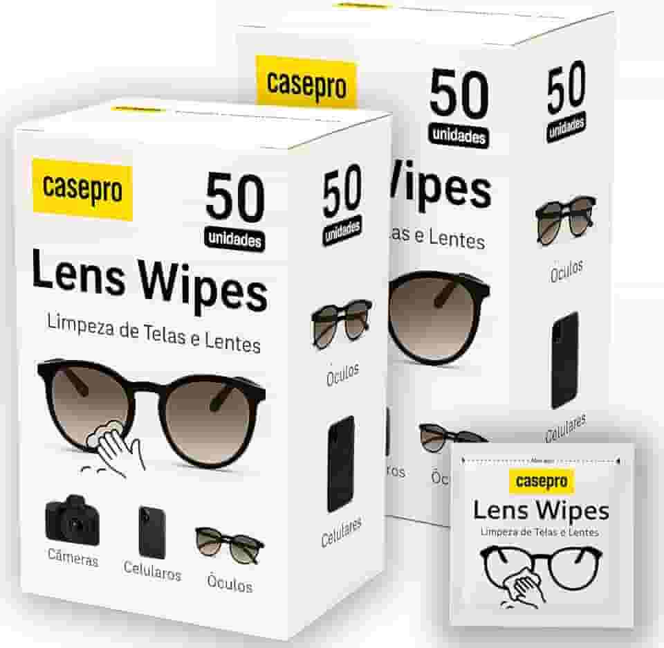 Combo 100 Lenços de Limpeza para Óculos, Lenços para Limpar Lentes, Embalados individualmente, Lens Wipes, Casepro