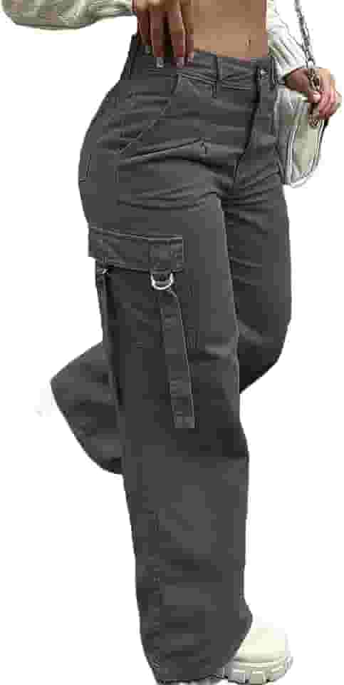 Calça cargo feminina reta perna larga Y2K calça folgada cintura alta combate militar caminhada com bolsos
