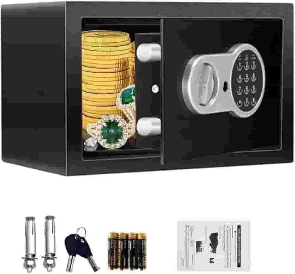 FINYQBET Cofre Eletrônico Teclado Digital com Senha e Chave, Aço Resistente, Alarme de Segurança, 20x31x20 cm, Ideal para Casa, Escritório e Hotel, Proteção para Dinheiro, Joias e Documentos