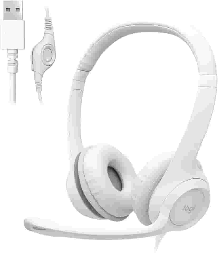 Headset com fio USB Logitech H390 com Almofadas Confortáveis, Controles de Áudio Integrado e Microfone com Redução de Ruído - Branco