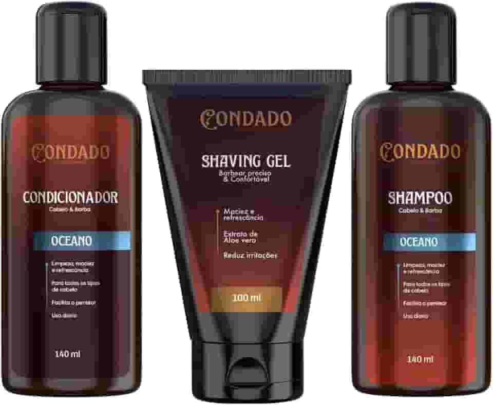 Kit Shampoo Condicionador Shaving Gel Masculino Hidratante Refrescante Cabelo Barba Bigode Condado (Oceano (Refrescante))