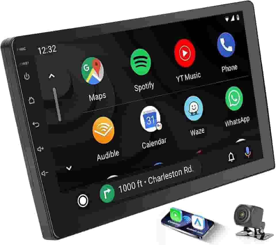 Multimidia Automotivo 9 Polegadas IPS, 2+32G, com Câmara de Marcha Atrás, para CarPlay e Android Auto, Visão Noturna AHD de Alta Definição, Compatível com Carros e Caminhões