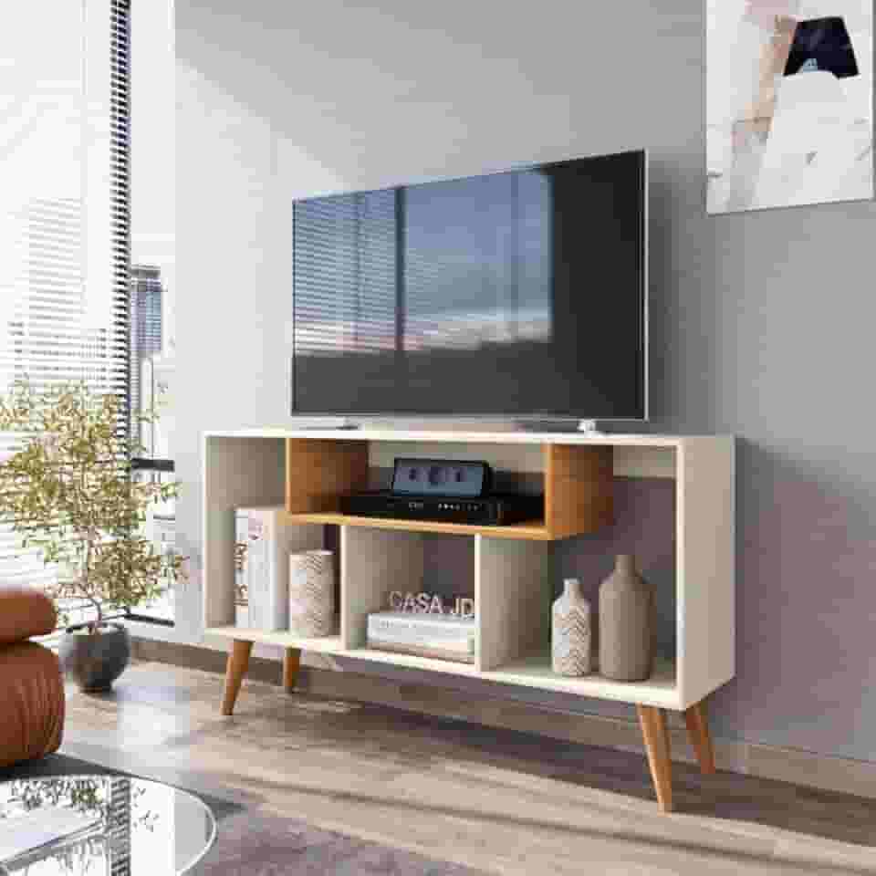 Rack Bancada Para Tv De Até 43 Polegadas Com Prateleira E Nichos Para Sala De Estar Casa Jd (Off White/Nature)