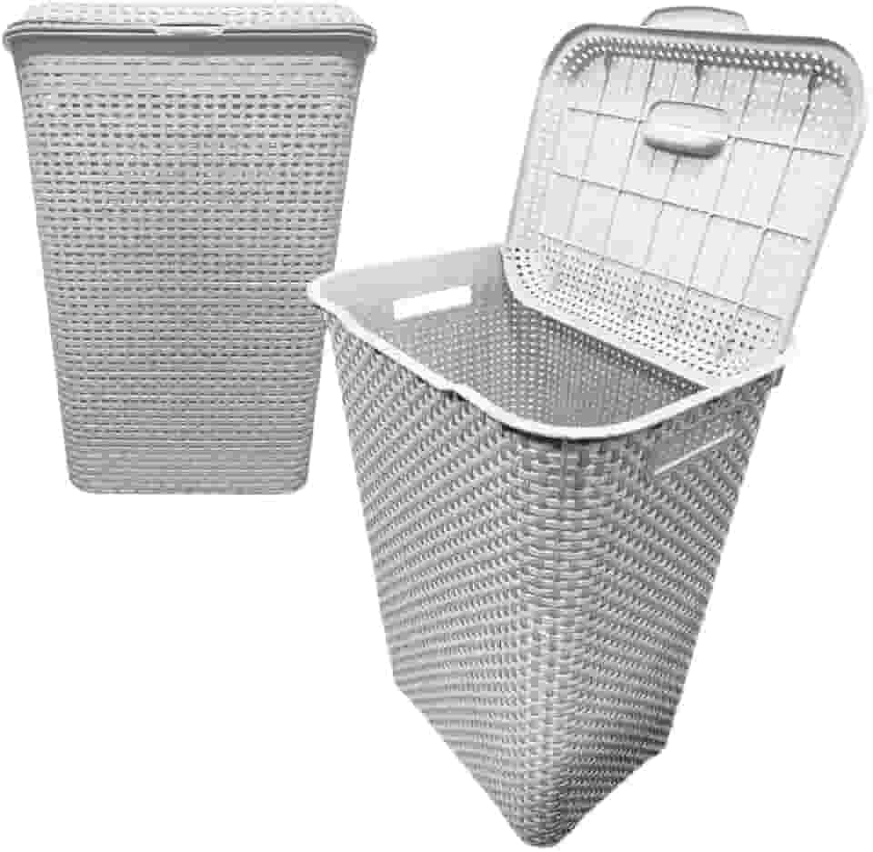 Cesto de Roupas Plástico com Tampa 70L Estilo Rattan para Lavanderia e Banheiro (branco)