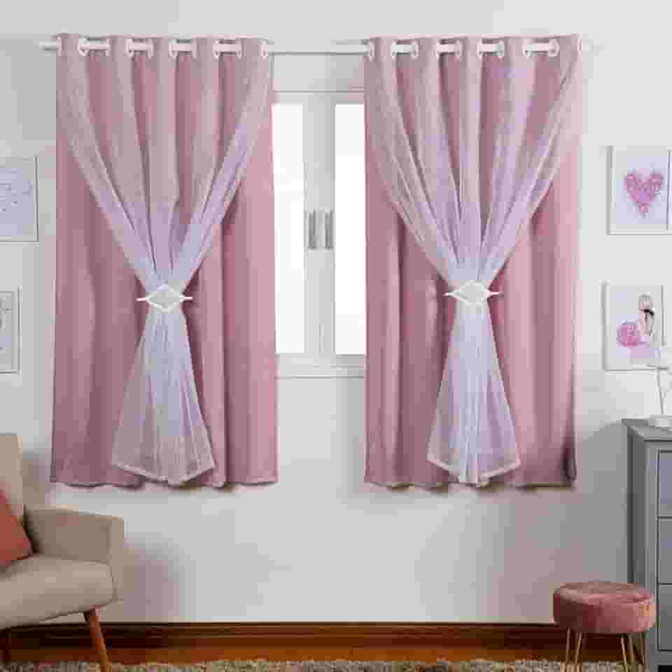 Cortina Para Quarto Infantil 2.70x1.70 Tecido Blackout Liso Com Voal Indicado para Varão até 2,00m