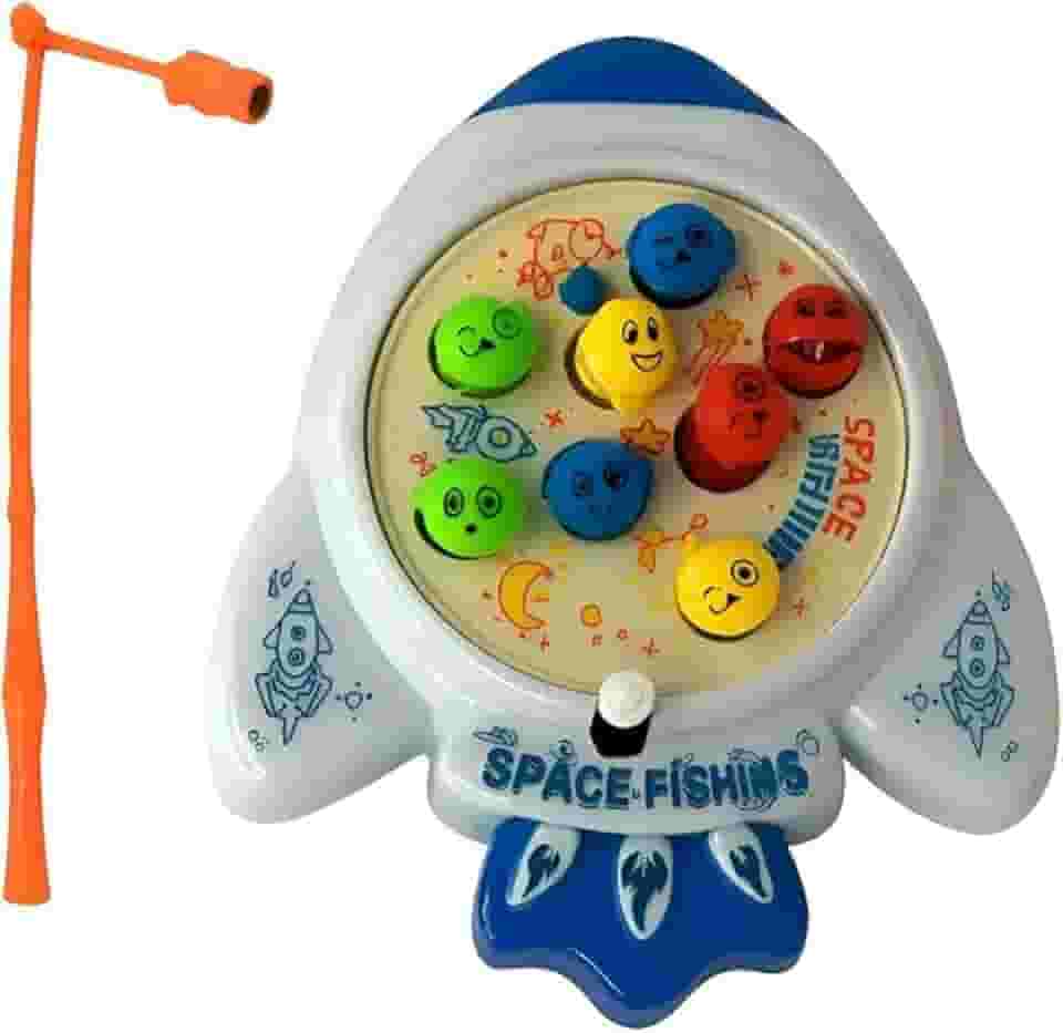 Jogo de Pescar Espacial com Vara, 8 Peixes Coloridos com Carinhas, Foguete Branco e Azul, 11 Peças, Mecanismo a Corda