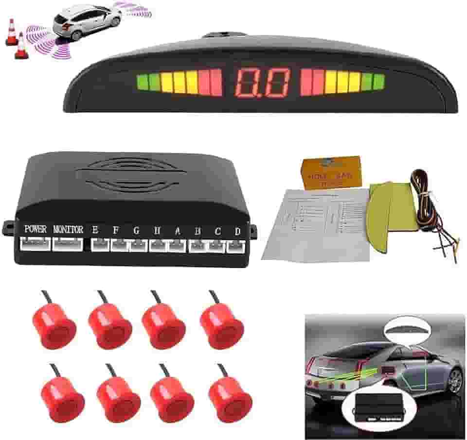 Sistema de radar de estacionamento reverso de carro 8 kit de sensores de ré com alarme frontal e traseiro lembrete de campainha LED exibição segura, sensor de estacionamento de carro, vermelho