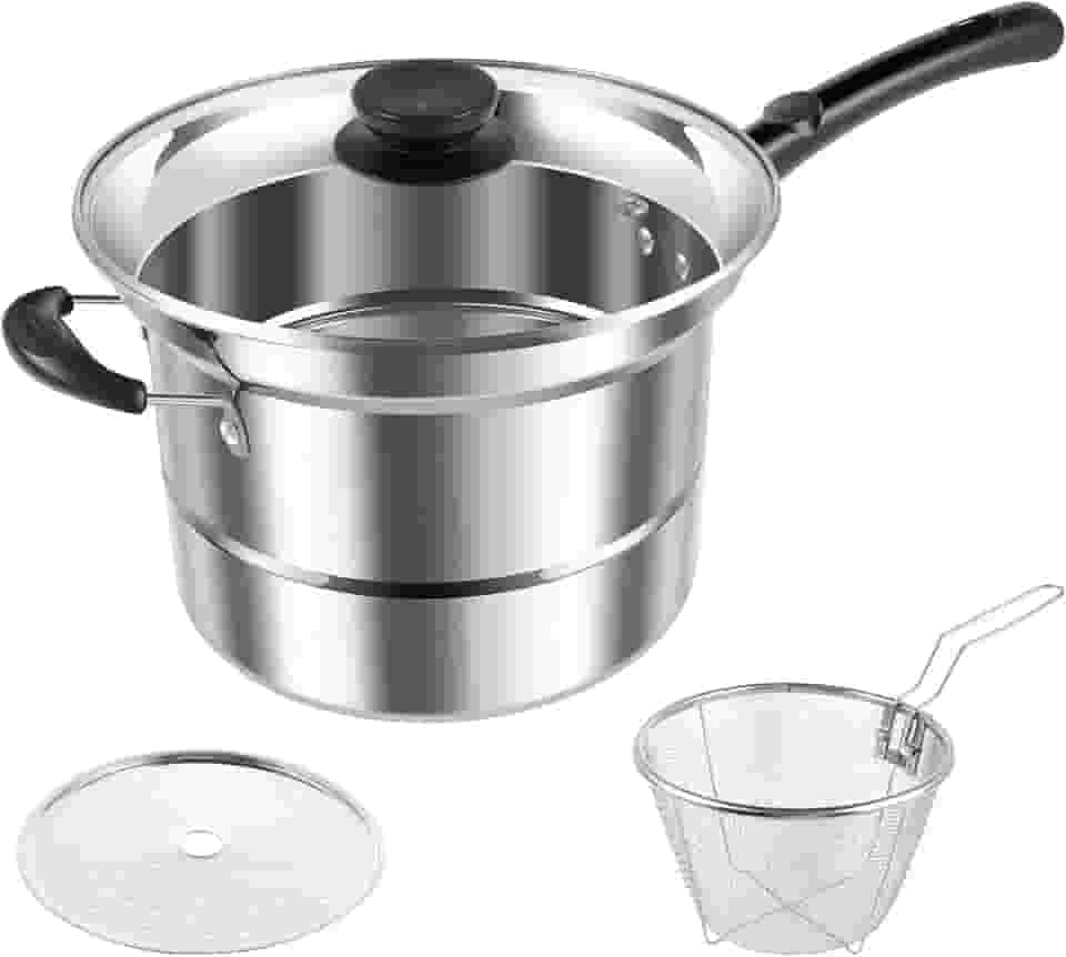 Panela de aço inoxidável com tampa e alça visíveis, panela multiuso para macarrão com suporte para vaporizador, vaporizador de vegetais, panela multifuncional com cesta de fritura, 22 x 16 x 32 cm