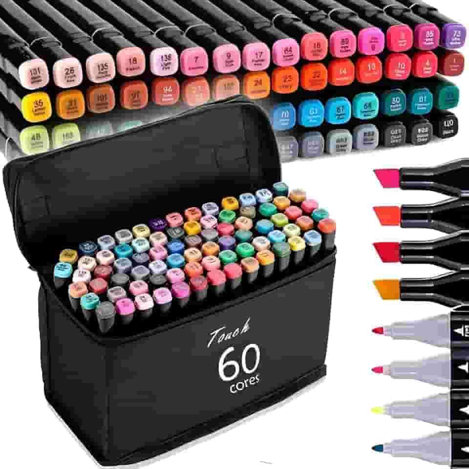 Kit MarcadorTouch Ponta Dupla 60 Cores Premium Caneta Colorida Artística Profissional Escolar com Estojo Organizador