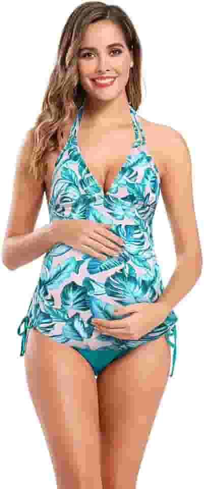 Maiô feminino frente única para gestantes, com controle de barriga, estampado, duas peças