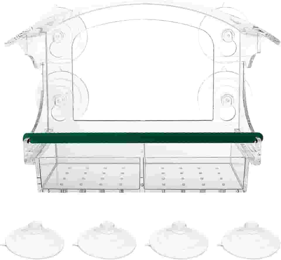 Alimentador de pássaros de janela para ambientes externos, comedouros de pássaros transparentes com ventosas fortes, casa de pássaros transparente com bandeja removível e poleiro, para beija-flor