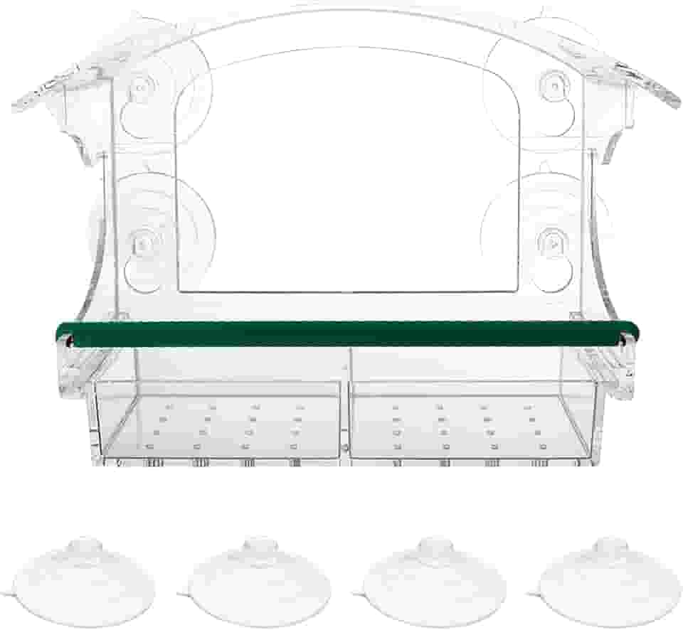 Alimentador de pássaros de janela para ambientes externos, comedouros de pássaros transparentes com ventosas fortes, casa de pássaros transparente com bandeja removível e poleiro, para beija-flor