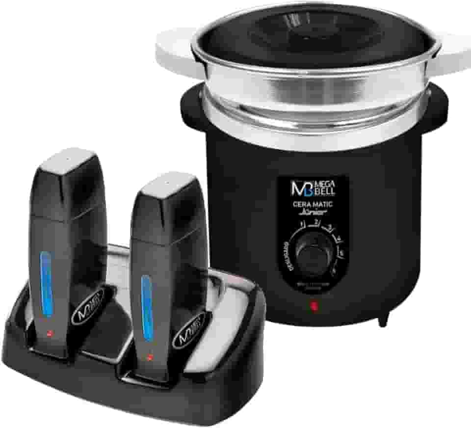 Termocera Panela Depilação 400g c/Refil + Base Dupla c/ 2 Rollon Preto Mega Bell