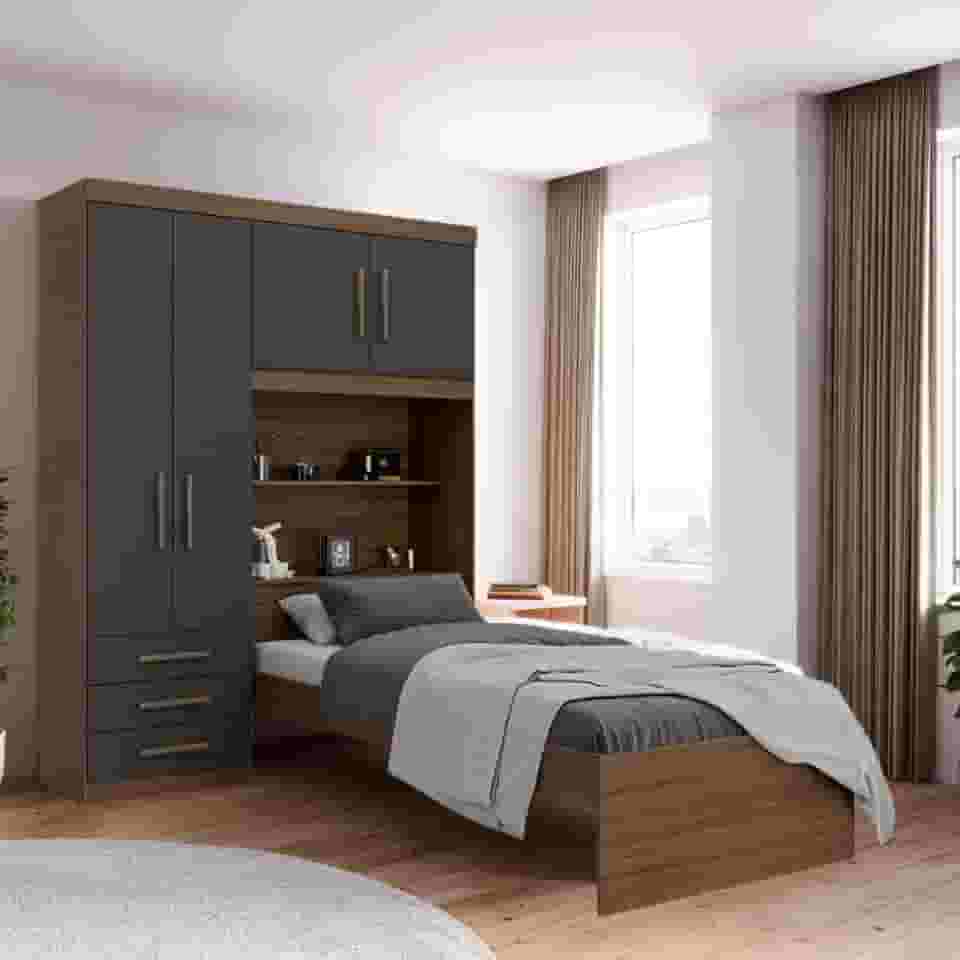 Guarda-roupa Solteiro com Cama Solteiro 4 Portas 3 Gavetas Advantage Ipê Wood/grafite