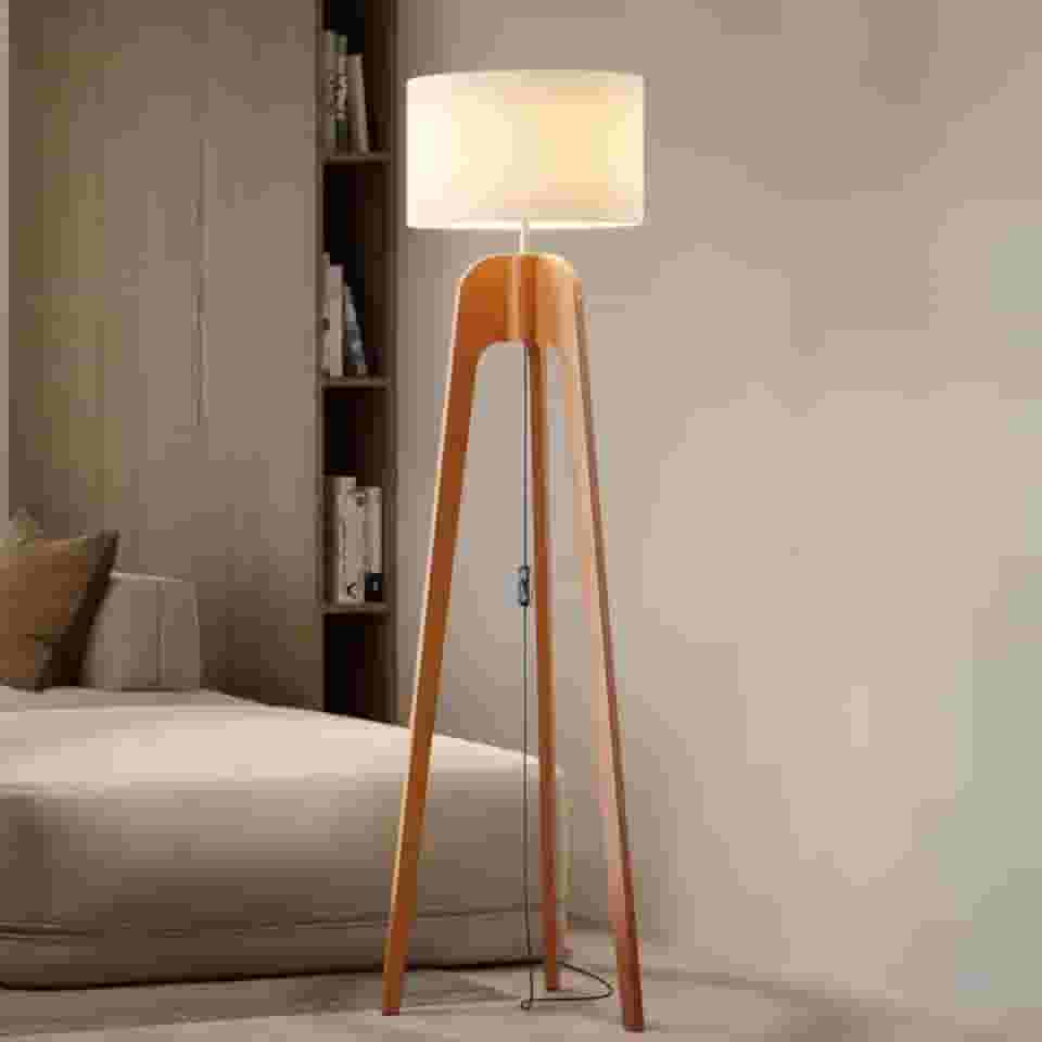 UNIDECOR CASA Luminária Abajur de Chão Tripé Tradicional Madeira Maciça Cúpula de Tecido Linho