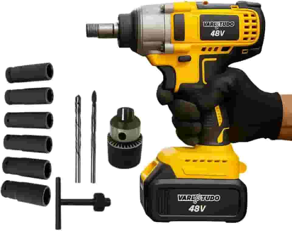 Chave de Impacto 48V Parafusadeira e Furadeira Recarregável Bivolt 2 Baterias 2000mAh, Furadeira de Impacto, com Soquetes e Maleta, Kit Completo para Uso Profissional e Manutenção