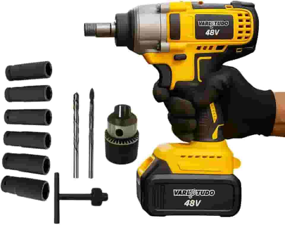 Chave de Impacto 48V Parafusadeira e Furadeira Recarregável Bivolt 2 Baterias 2000mAh, Furadeira de Impacto, com Soquetes e Maleta, Kit Completo para Uso Profissional e Manutenção