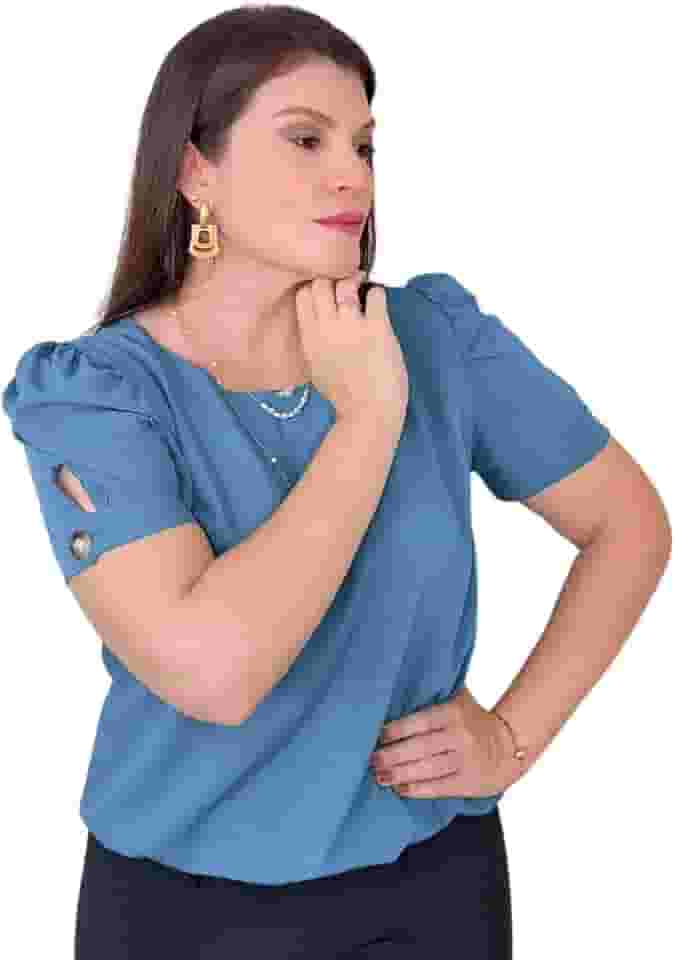 Blusa Social Feminina Manga Curta Bufante Camisa com Botão Alfaitaria do M ao GG Elegante