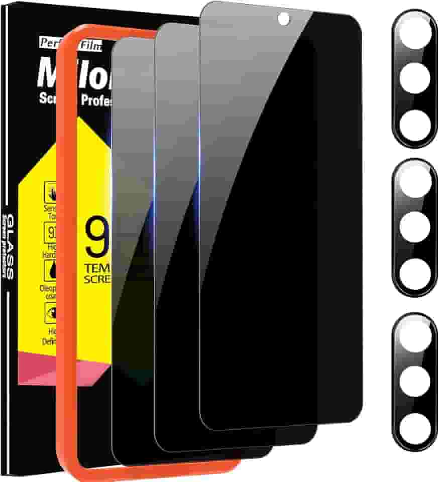 Milomdoi [Pacote com 3+3] para Samsung Galaxy S23 Protetor de tela de privacidade acessórios de vidro temperado pacote com 3 unidades de tela de privacidade Samsung Galaxy S23 5G pacote com 3 capas protetoras de lente de câmera compatível com impressão digital