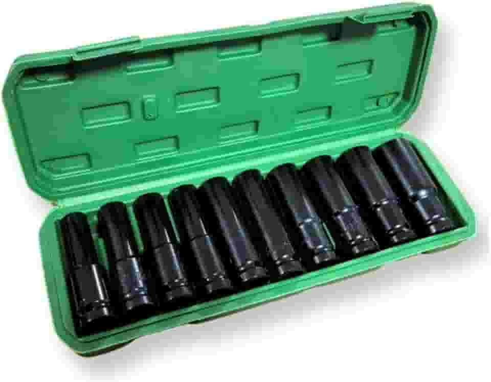 JOGO COM 10 SOQUETES LONGOS SEXTAVADOS 1/2 POL, 10 A 22 MM