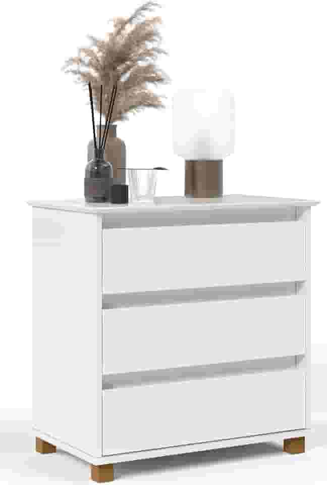 Mini Cômoda Criado Mudo Mesa de Cabeceira Gaveteiro 3 Gavetas Pés Madeira (Branco)