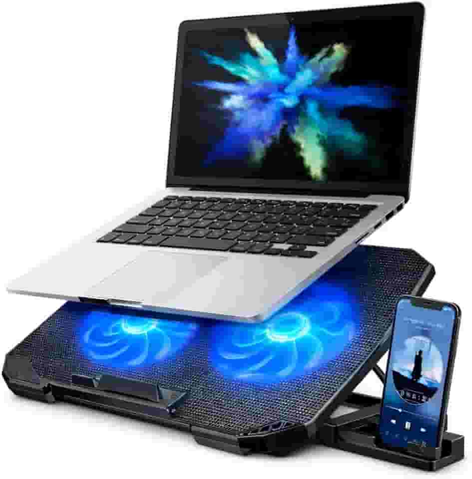 Suporte para Notebook Base Ergonômica Silencioso LED Azul 8 Níveis de Altura Refrigerada com 2 Coolers Potentes e com Suporte de Celular Integrado Premium