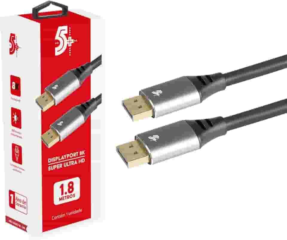 5+ 018-7499 Cabo Displayport Macho x Macho 1.4 Hbr 8K com Trava, Preto, 1.8 m